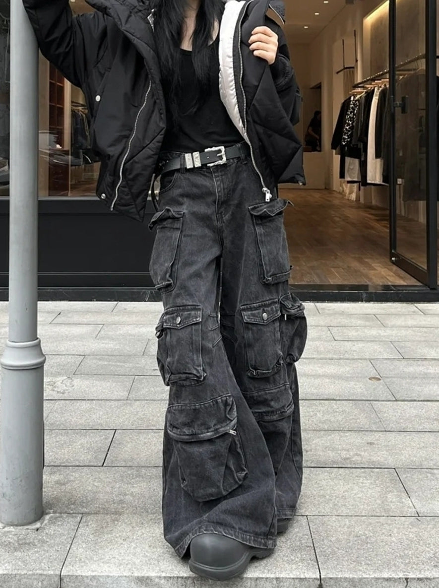 Black Washed Multi-Pockets Cargo Jeans