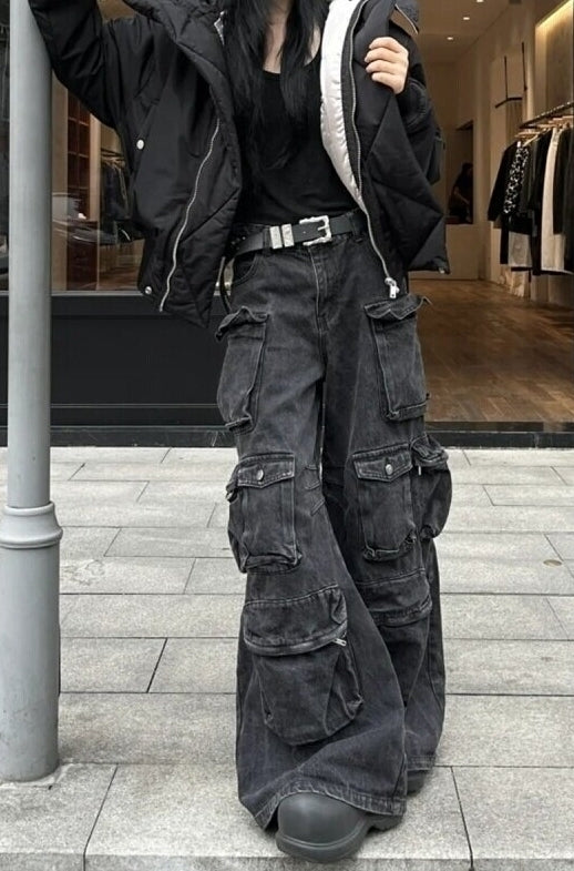 Black Washed Multi-Pockets Cargo Jeans