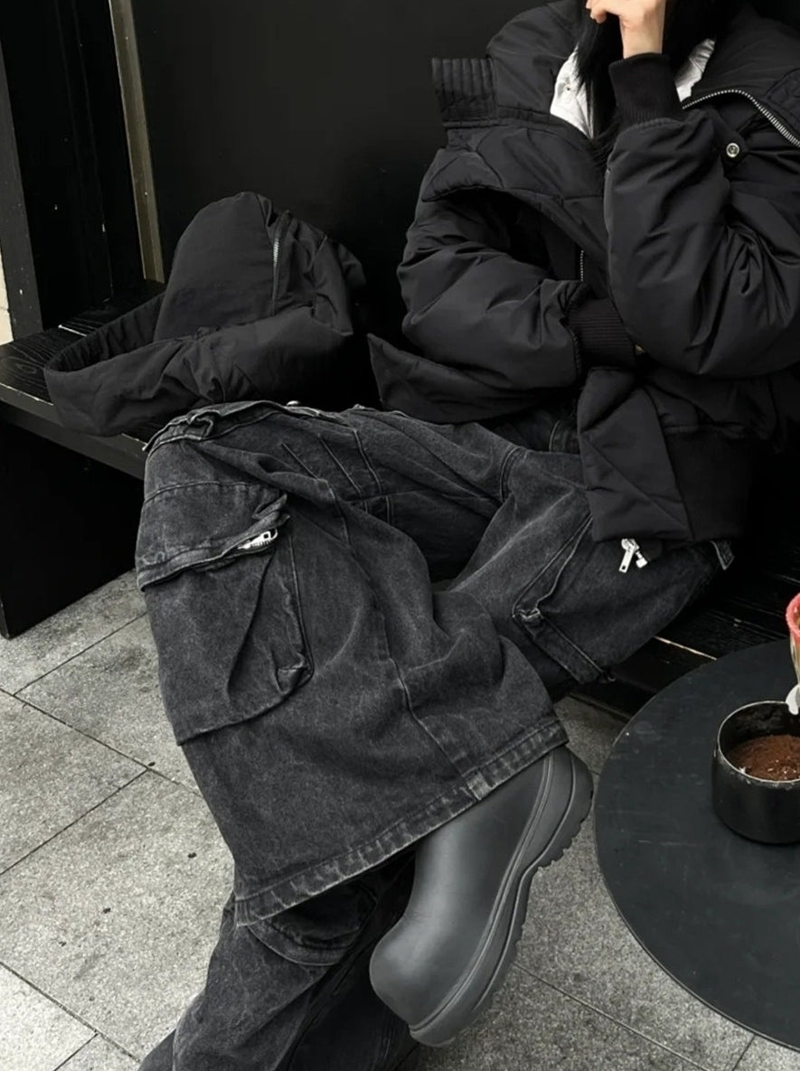 Black Washed Multi-Pockets Cargo Jeans
