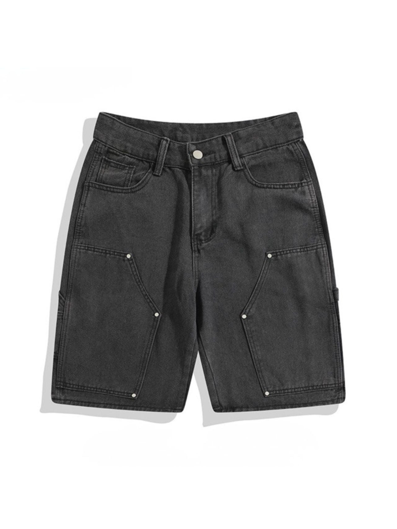 Black Wide-Leg Patched Denim Shorts