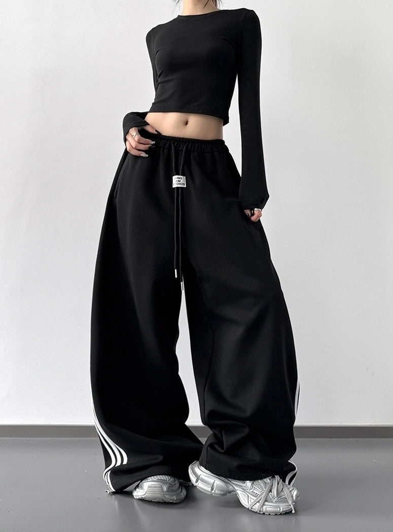 Black Wide Leg Side Stripes Work-Out Pants