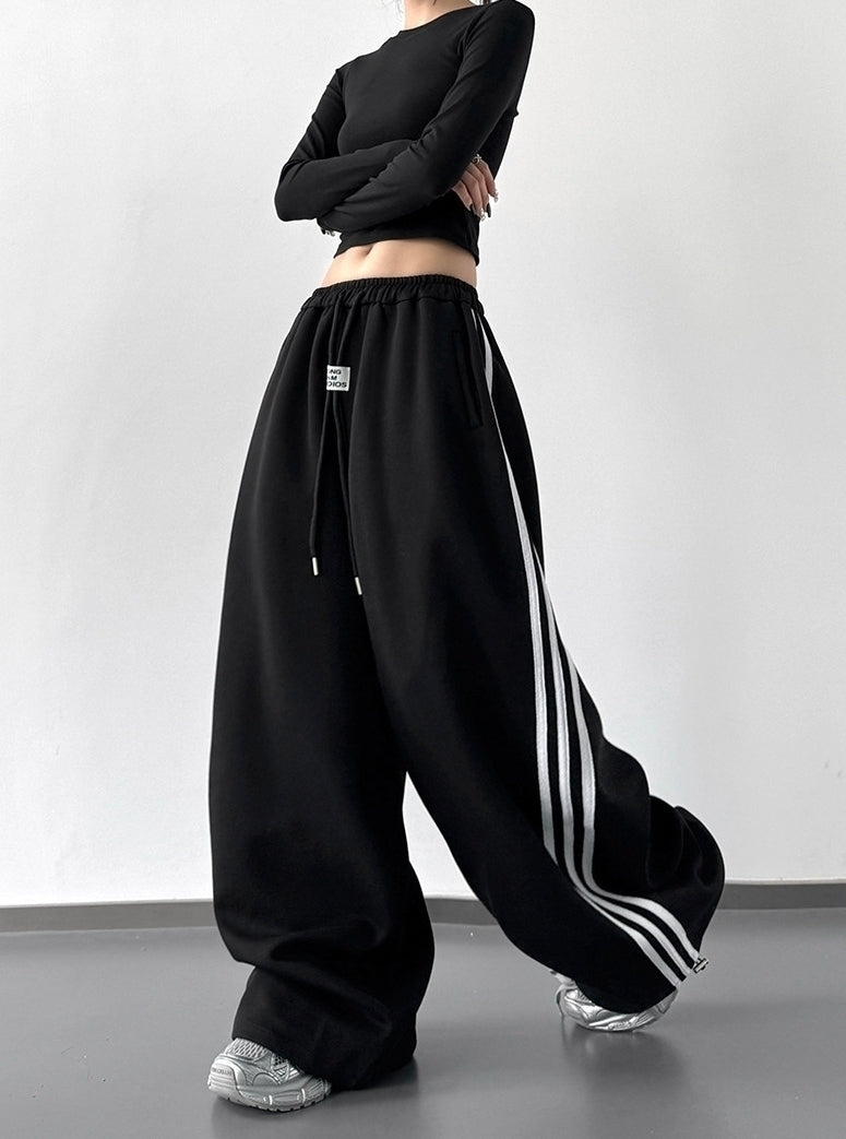 Black Wide Leg Side Stripes Work-Out Pants