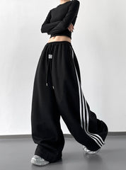 Black Wide Leg Side Stripes Work-Out Pants