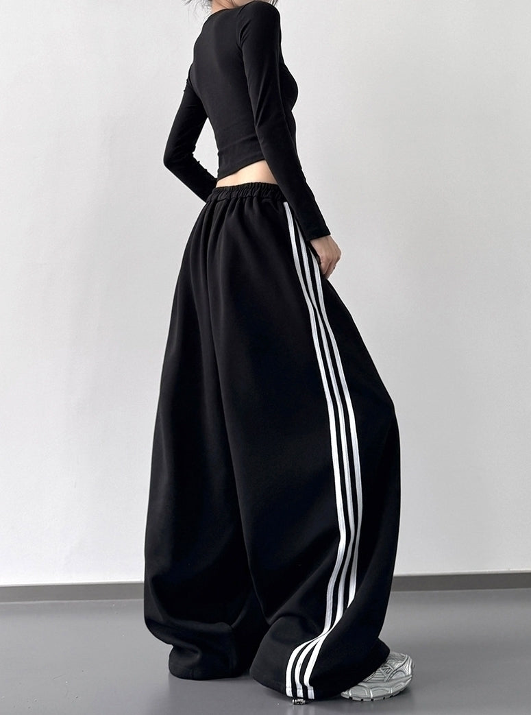 Black Wide Leg Side Stripes Work-Out Pants