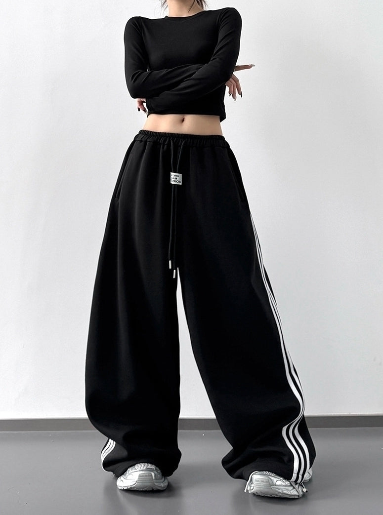 Black Wide Leg Side Stripes Work-Out Pants