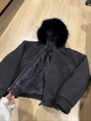 Black Zip-Up Faux Fur Hood Jacket