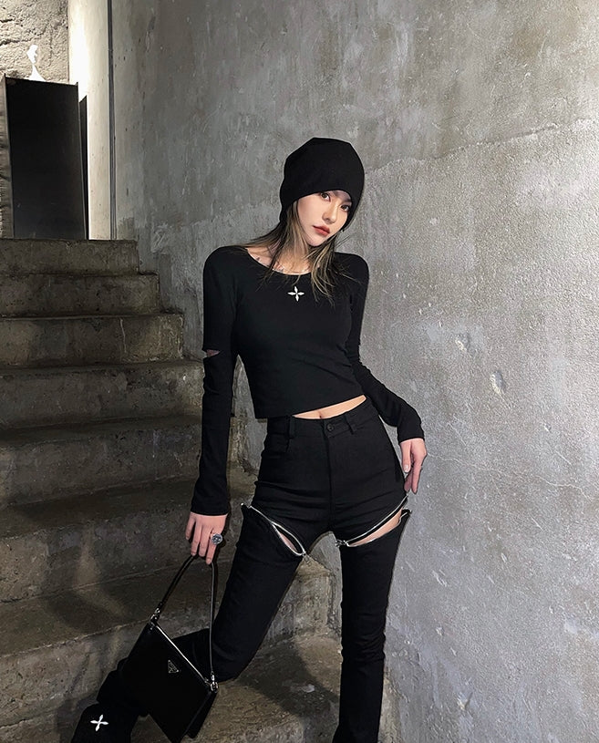 Black Zipper Cut-Out Jeans