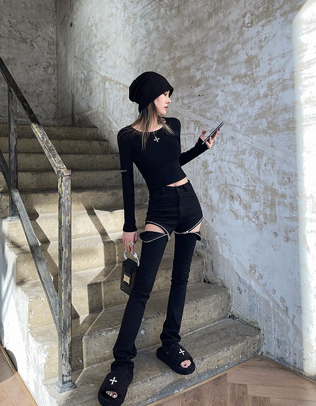 Black Zipper Cut-Out Jeans