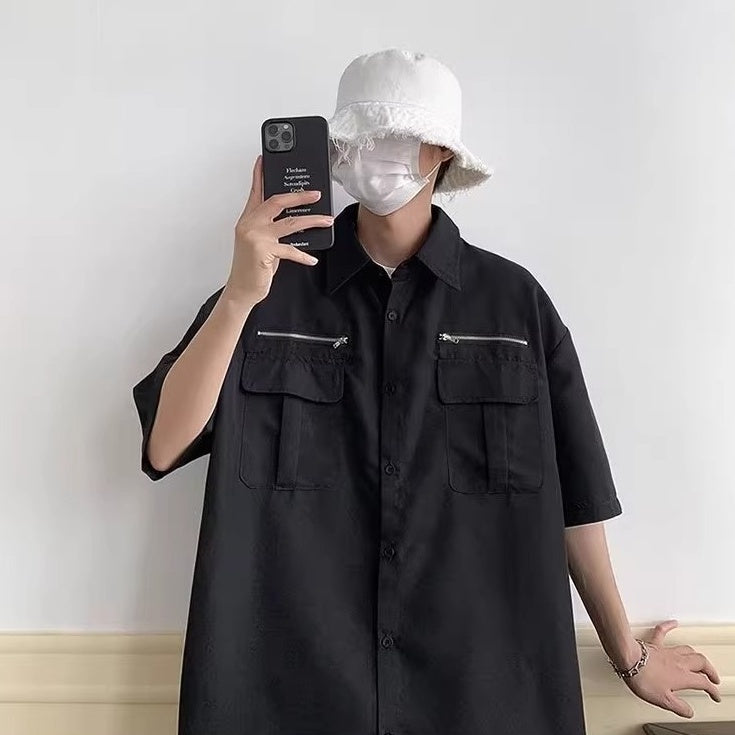 Black Zipper Detail Button-Up Shirt
