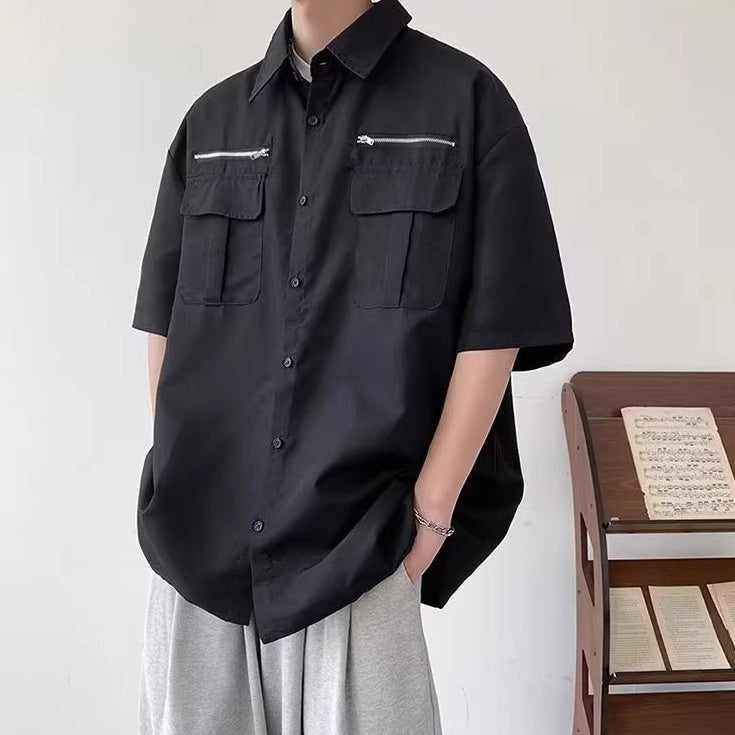 Black Zipper Detail Button-Up Shirt