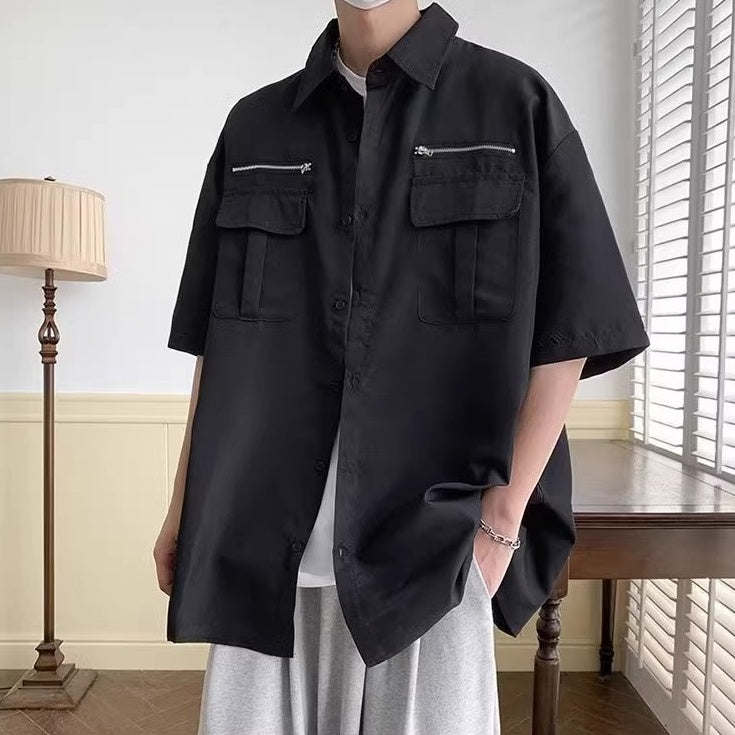 Black Zipper Detail Button-Up Shirt