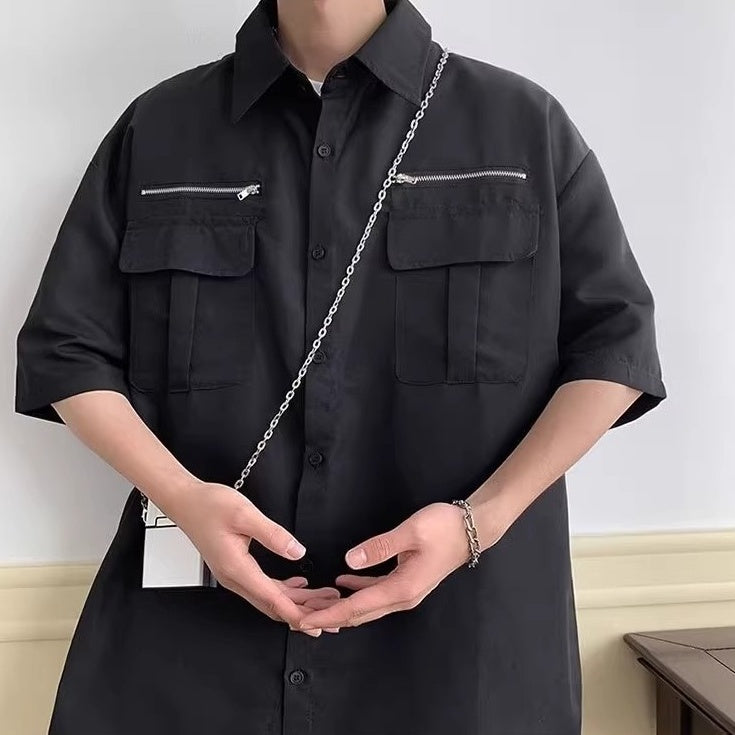 Black Zipper Detail Button-Up Shirt