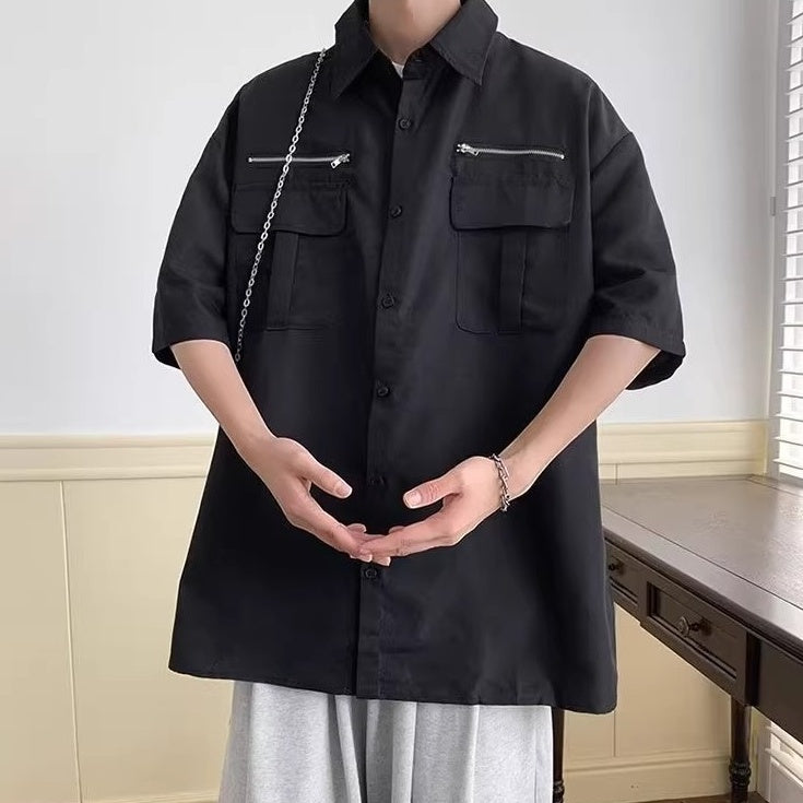 Black Zipper Detail Button-Up Shirt