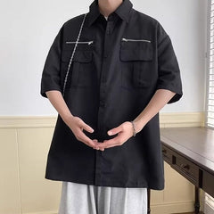 Black Zipper Detail Button-Up Shirt