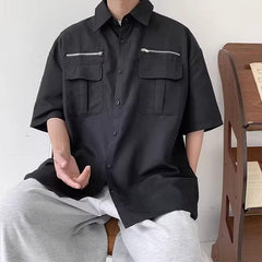 Black Zipper Detail Button-Up Shirt