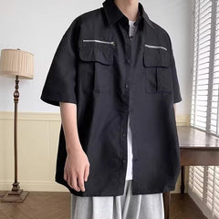 Black Zipper Detail Button-Up Shirt