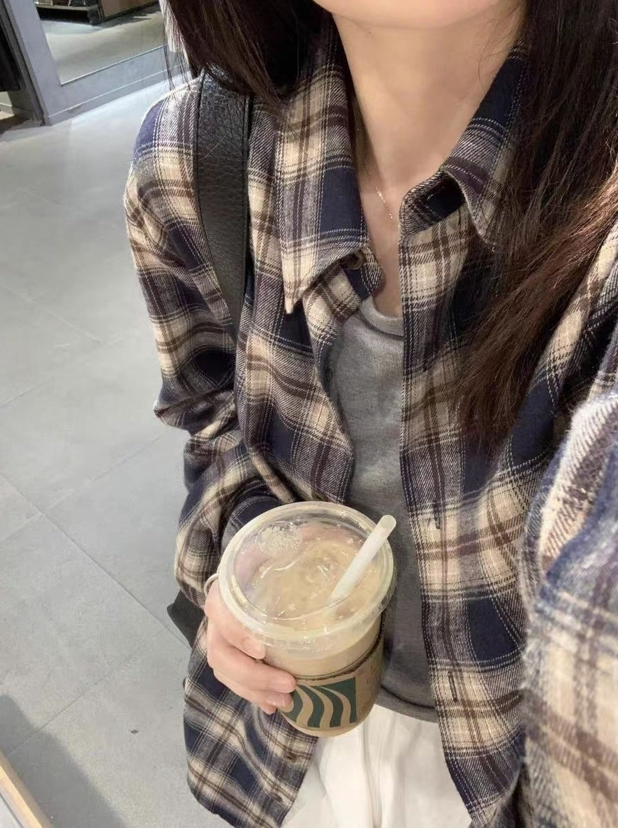 Blue And Beige Plaid Long Sleeve Shirt