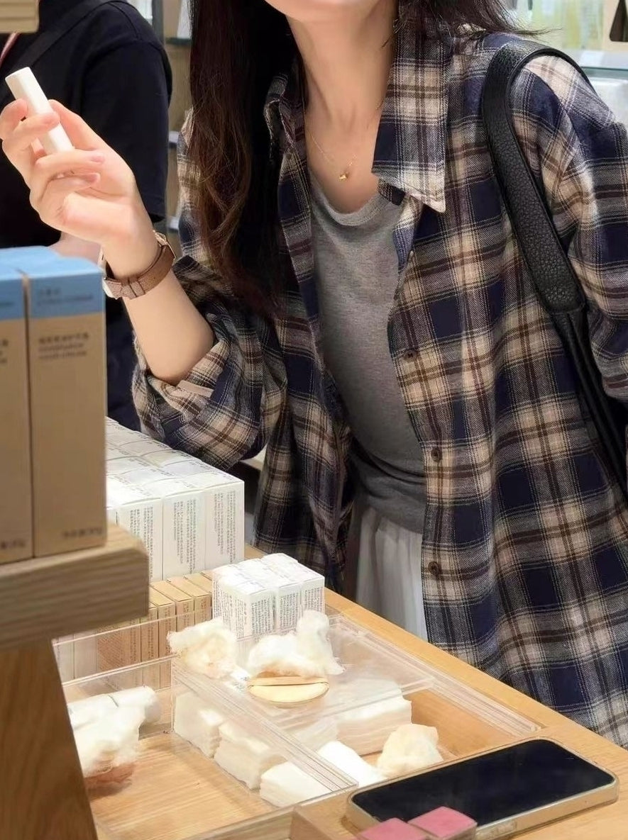Blue And Beige Plaid Long Sleeve Shirt