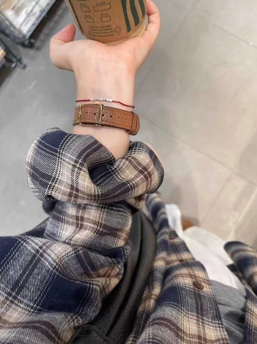 Blue And Beige Plaid Long Sleeve Shirt
