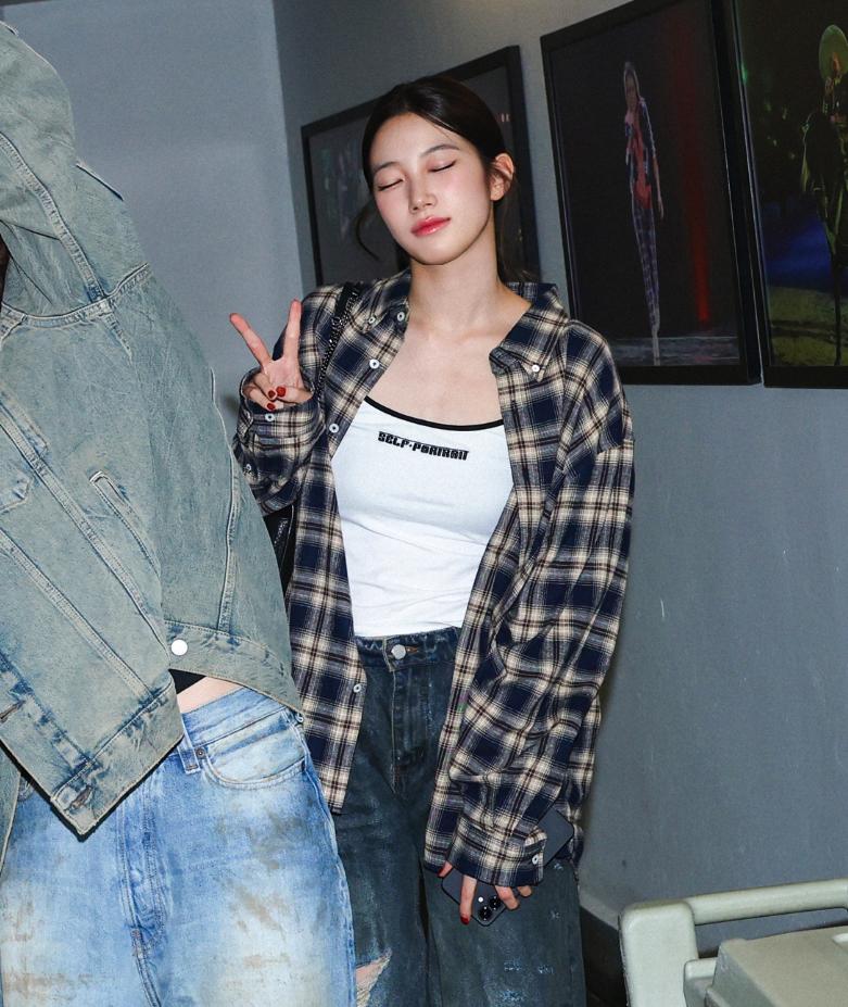 Blue And Beige Plaid Long Sleeve Shirt