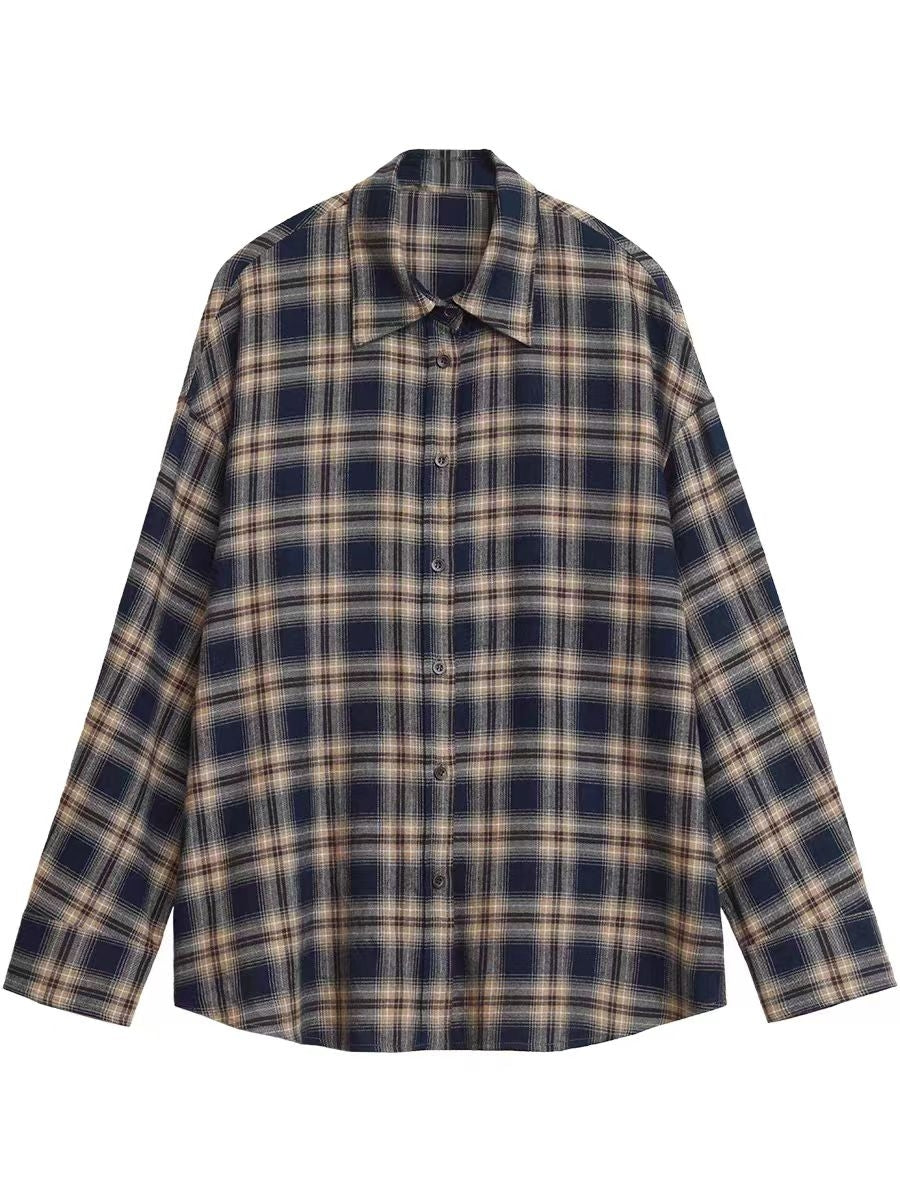Blue And Beige Plaid Long Sleeve Shirt