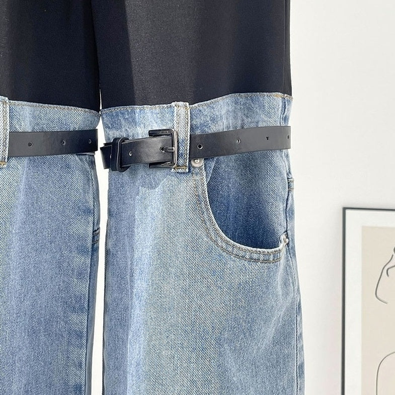 Blue And Black Buckled Jeans Illusion Pants