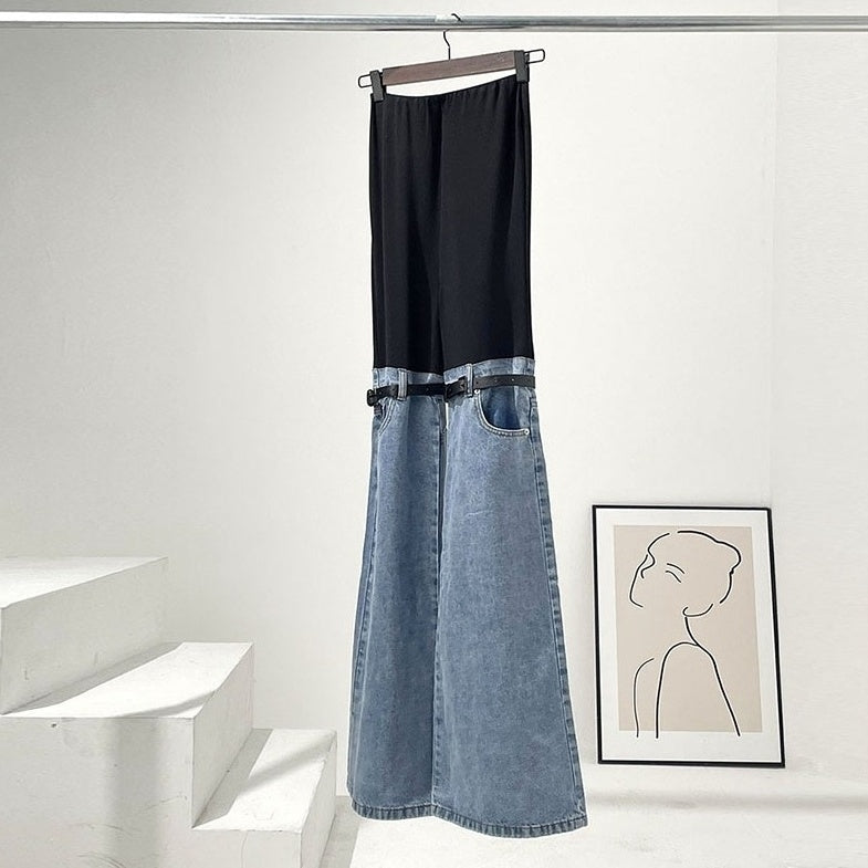 Blue And Black Buckled Jeans Illusion Pants
