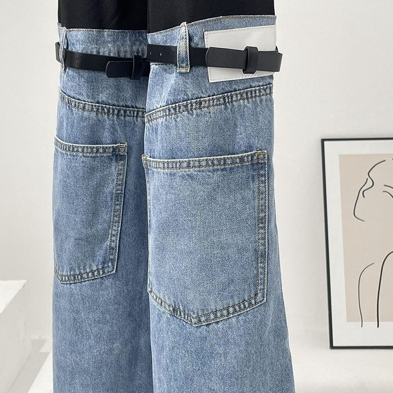 Blue And Black Buckled Jeans Illusion Pants
