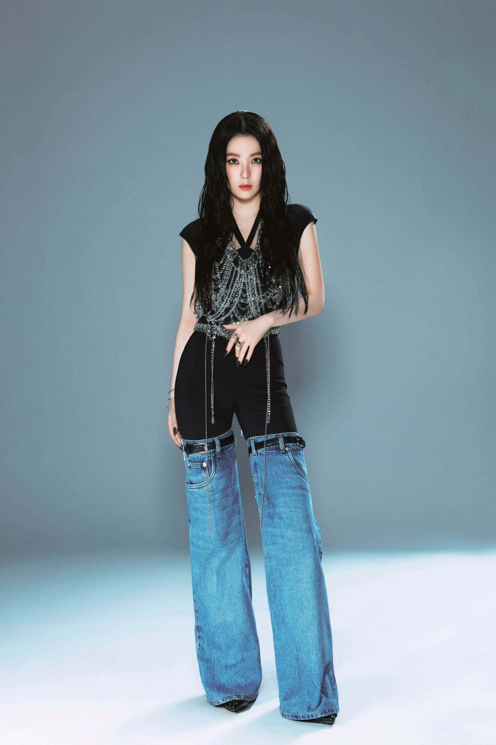 Blue And Black Buckled Jeans Illusion Pants