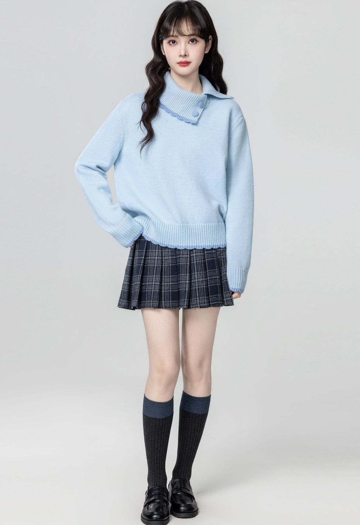 Blue Asymmetric Collar Knit Sweater Top