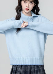 Blue Asymmetric Collar Knit Sweater Top