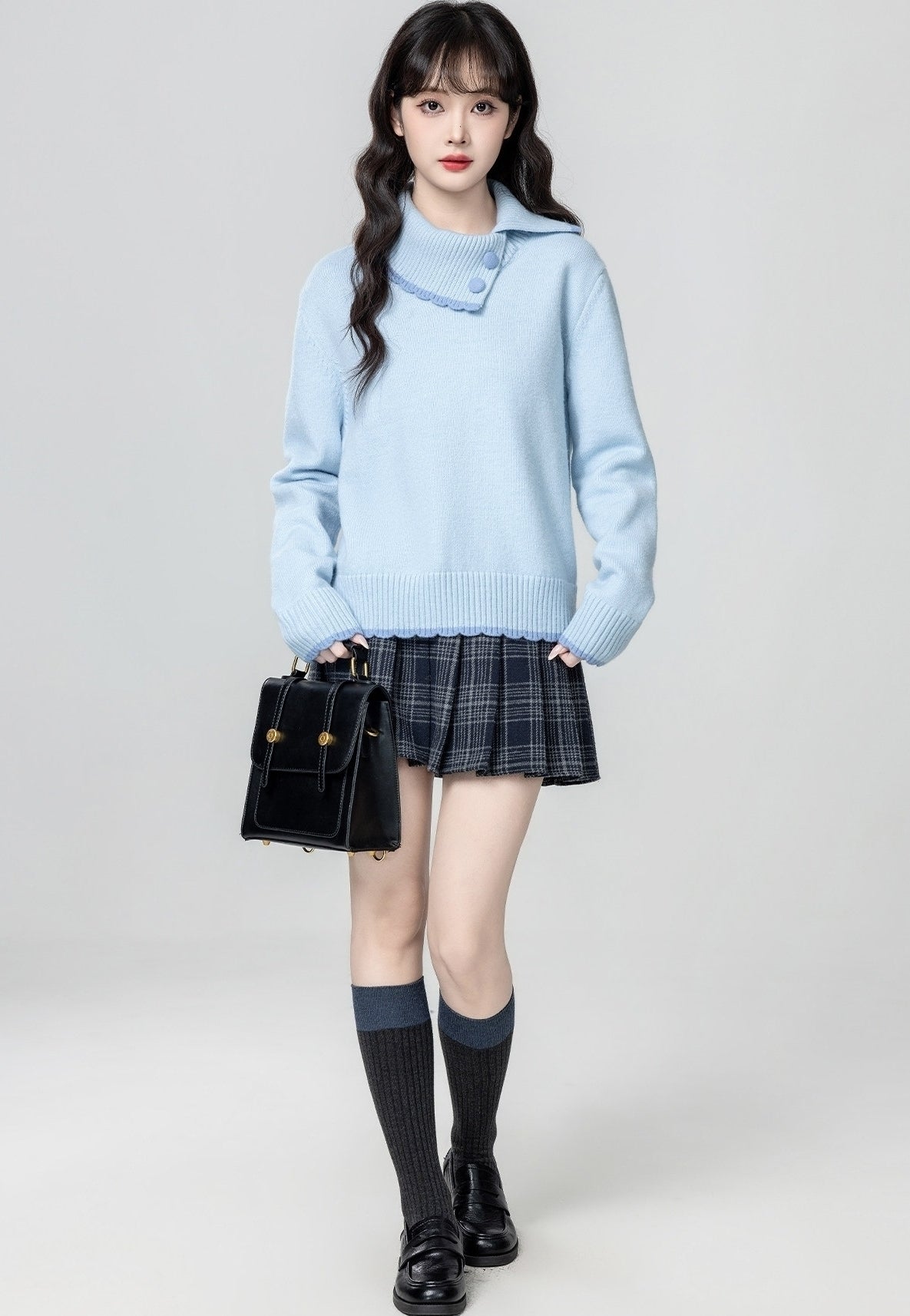 Blue Asymmetric Collar Knit Sweater Top