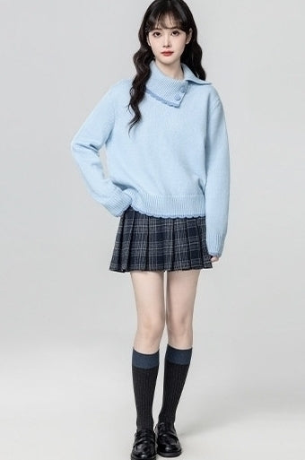 Blue Asymmetric Collar Knit Sweater Top