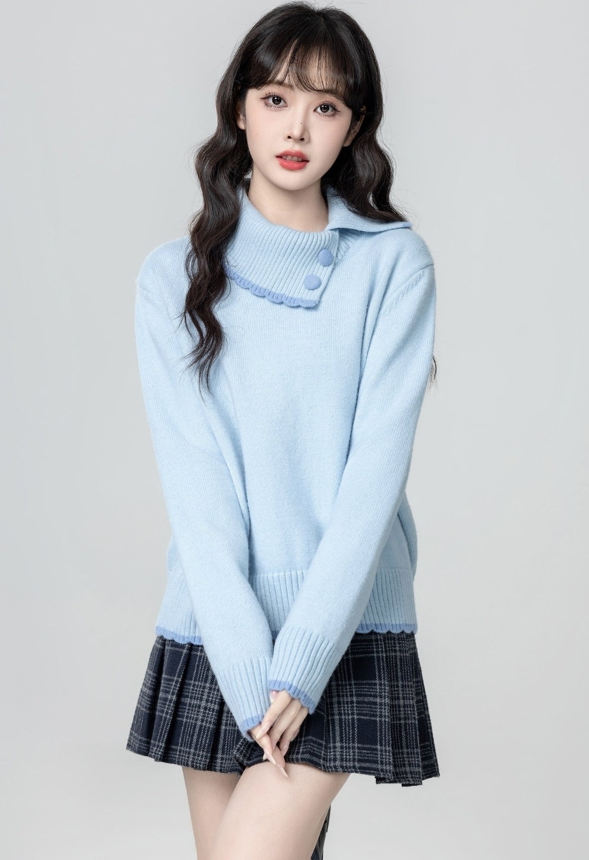 Blue Asymmetric Collar Knit Sweater Top