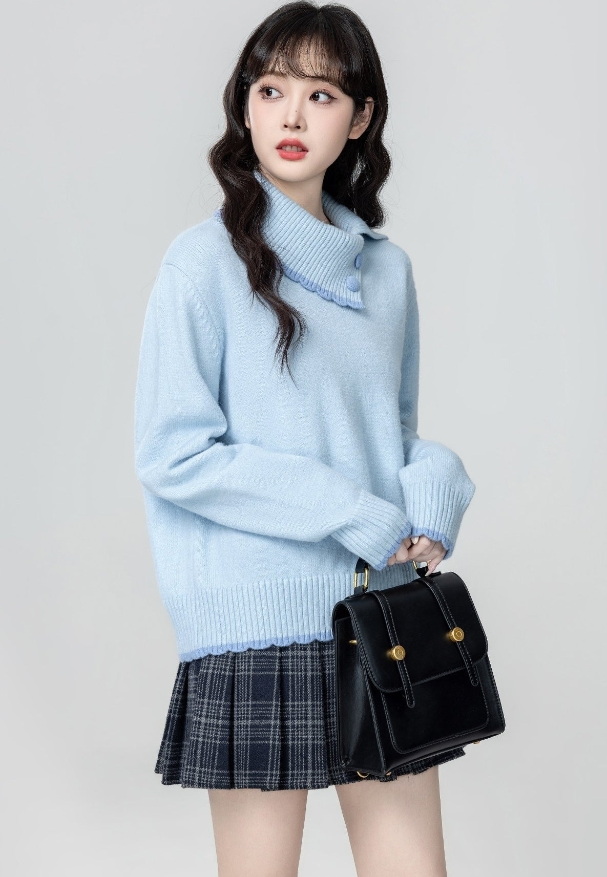 Blue Asymmetric Collar Knit Sweater Top