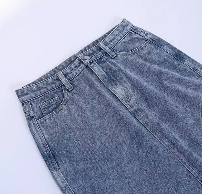 Blue Asymmetric Split Denim Skirt