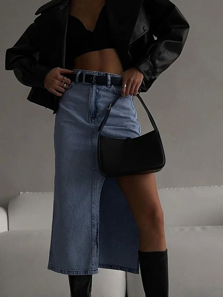 Blue Asymmetric Split Denim Skirt