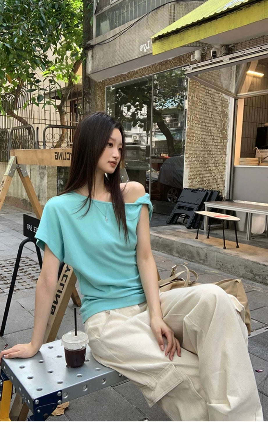 Blue Asymmetrical One-Shoulder Knit Top