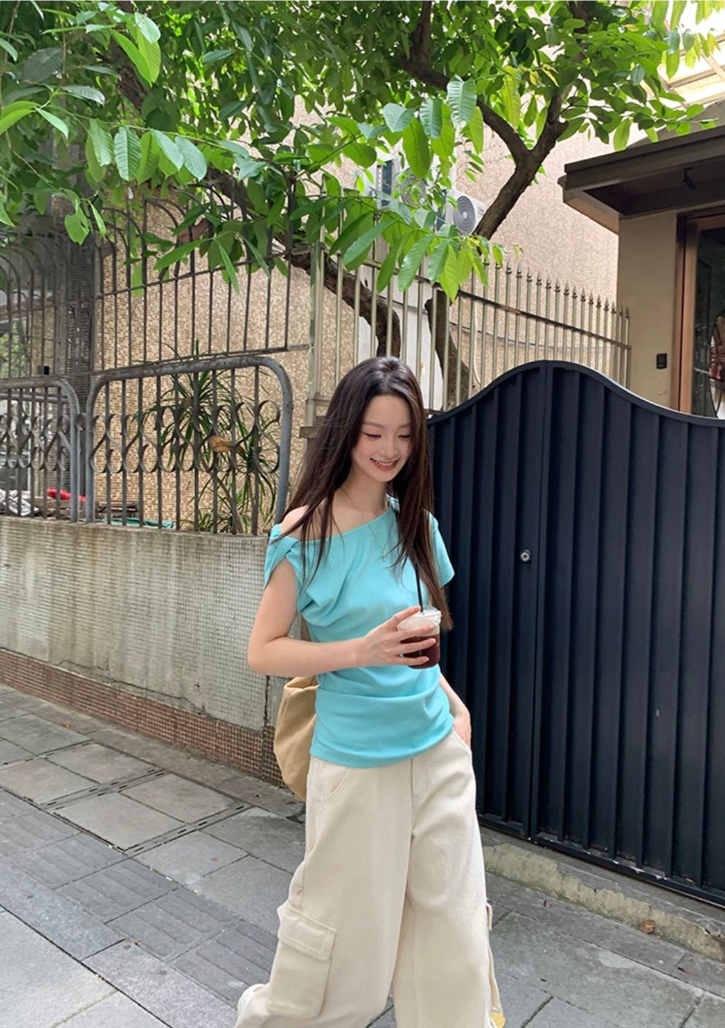Blue Asymmetrical One-Shoulder Knit Top