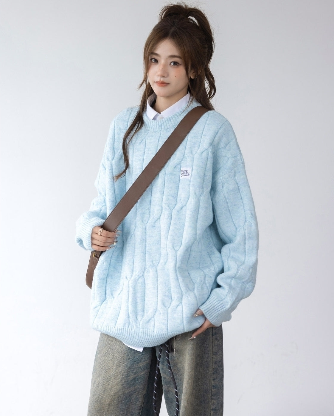 Blue Cable Knit Cozy Sweater Top