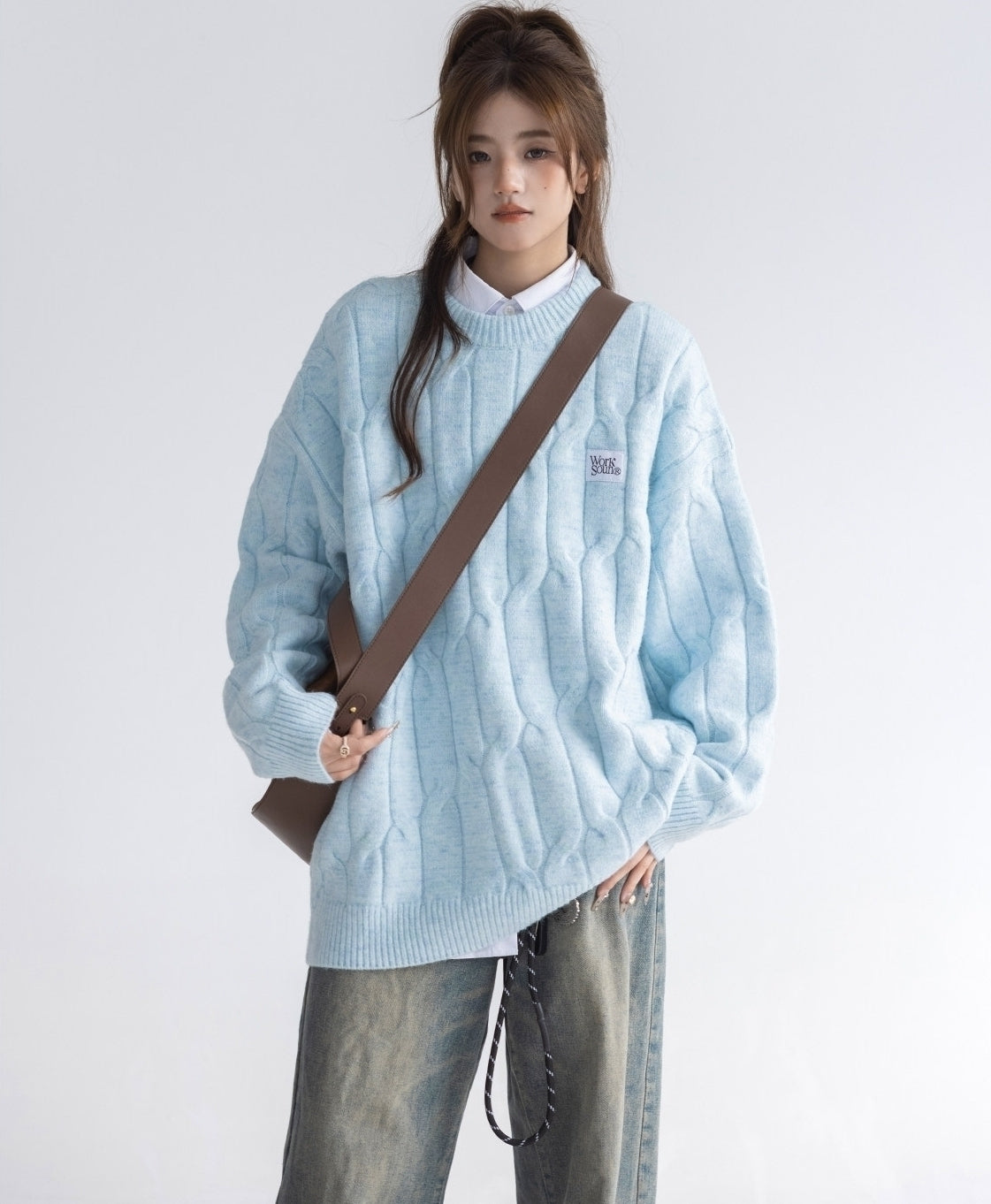 Blue Cable Knit Cozy Sweater Top