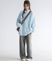 Blue Cable Knit Sweater Cozy Korean Style Pullover