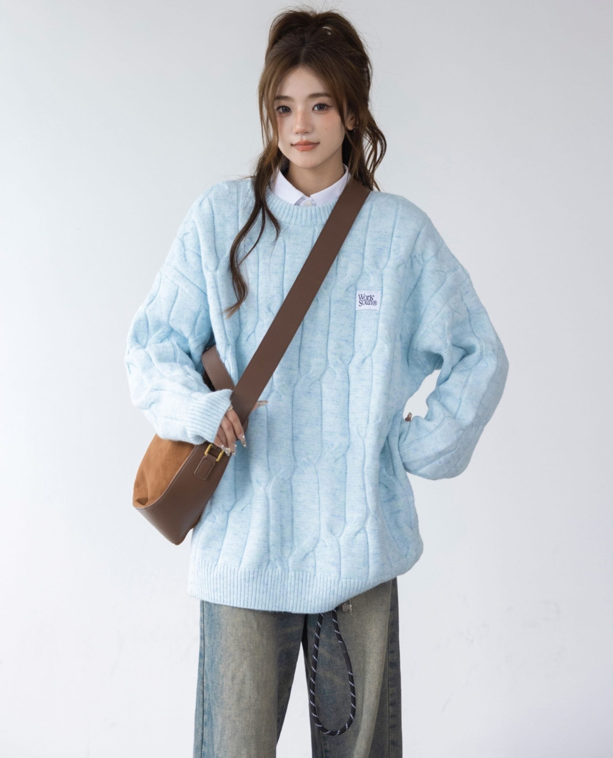 Blue Cable Knit Sweater Cozy Korean Style Pullover
