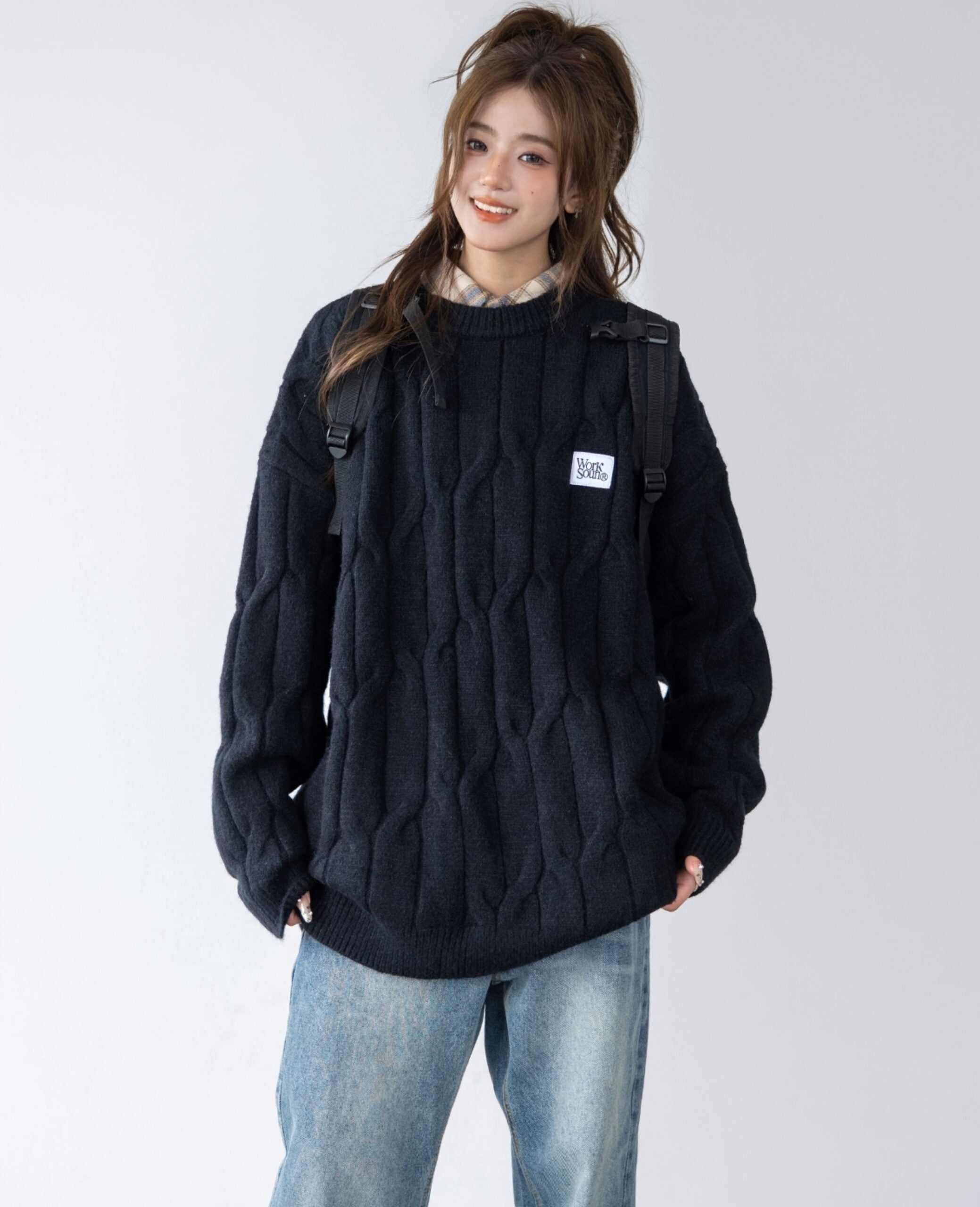 Blue Cable Knit Sweater Cozy Korean Style Pullover