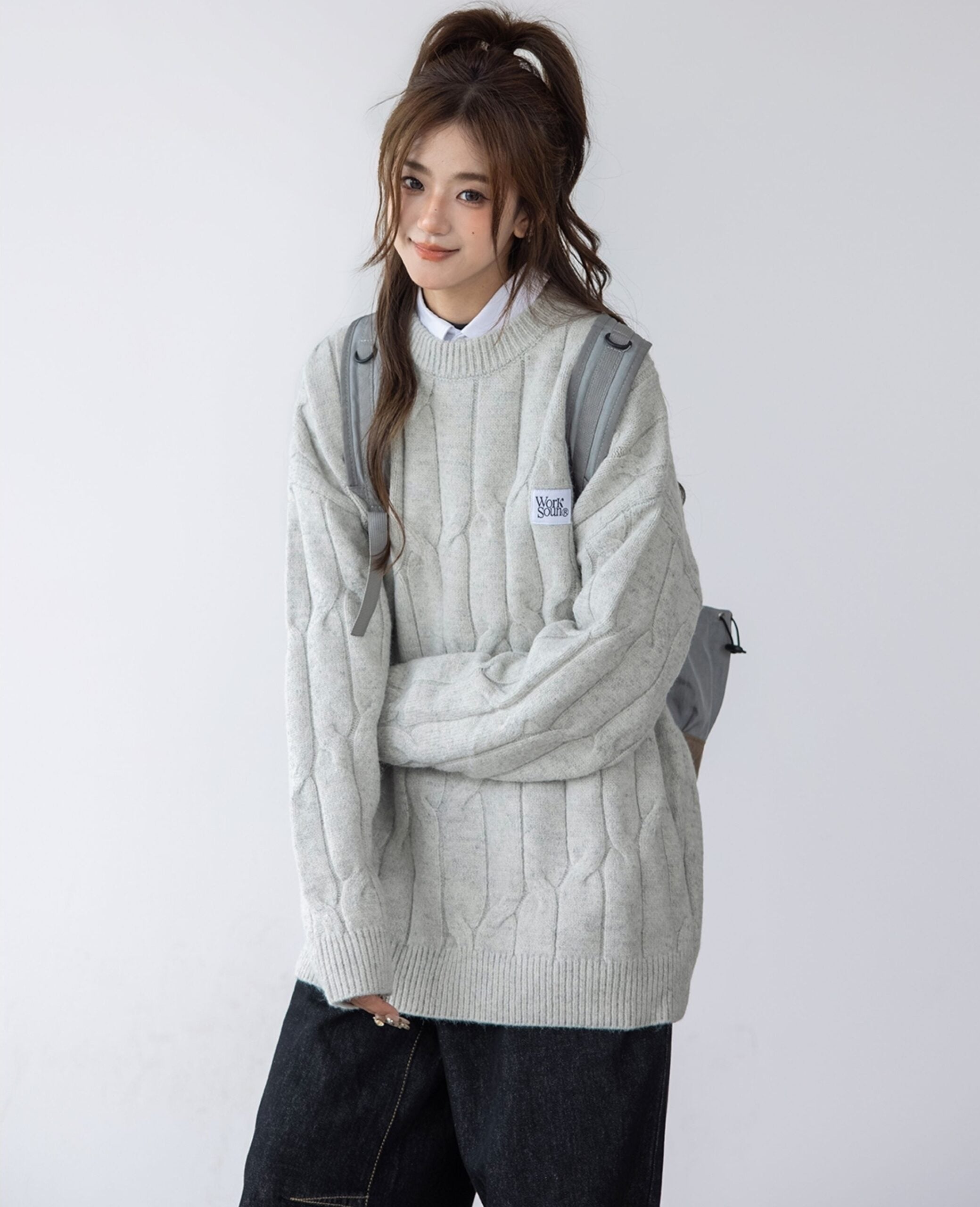 Blue Cable Knit Sweater Cozy Korean Style Pullover