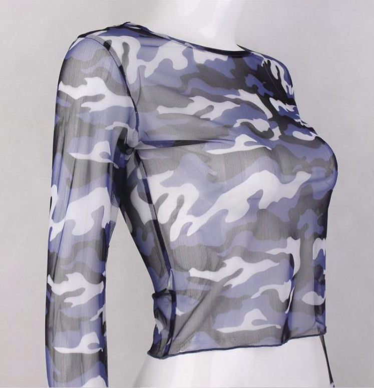 Blue Camouflage Mesh Cropped Top