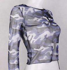 Blue Camouflage Mesh Cropped Top