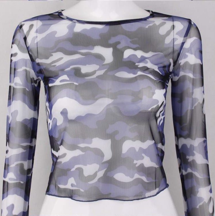 Blue Camouflage Mesh Cropped Top