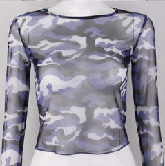 Blue Camouflage Mesh Cropped Top