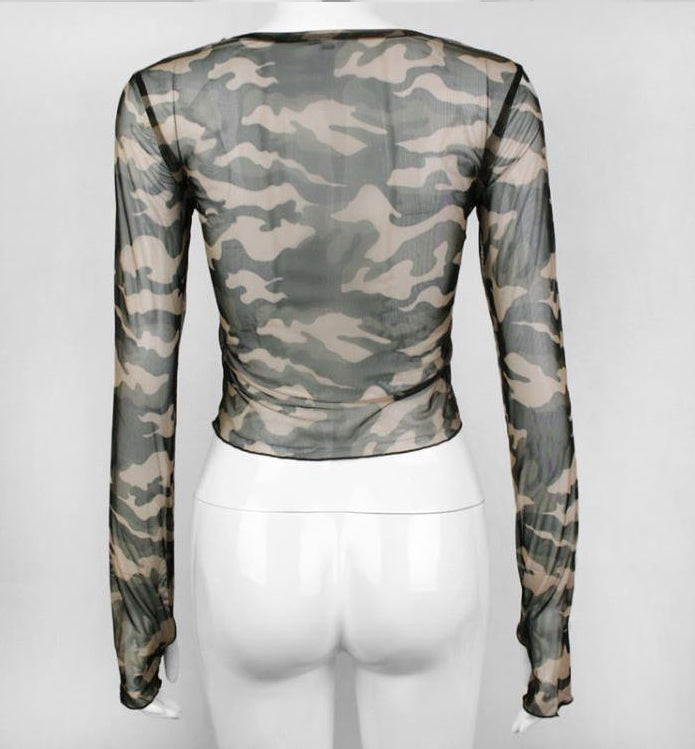Blue Camouflage Mesh Cropped Top